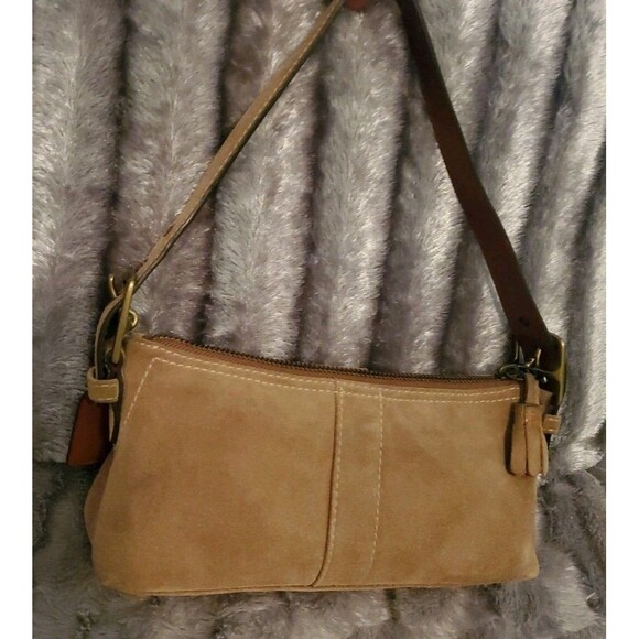 Vintage Coach 7470 Hamptons Demi Baguette Shoulder Bag Beige Suede Brown Leather - Picture 2 of 16